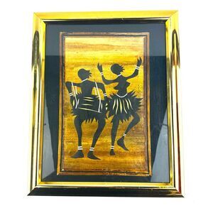 Vintage African Handmade Banana Leaf Tribal Dancing Art Photo in Gold Frame
